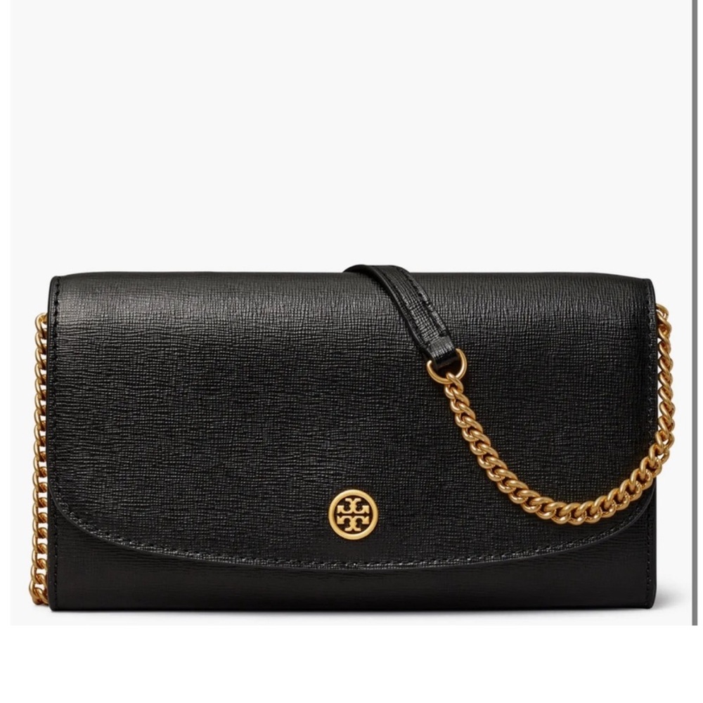 Tory Burch Robinson Black Leather Crossbody Wallet Chain Strap